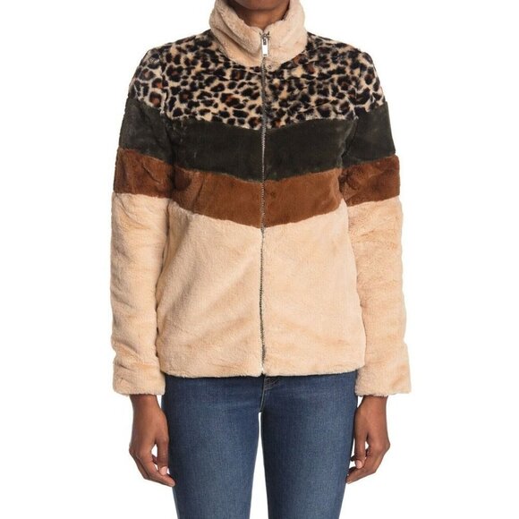 Coffee Shop New York Faux Fur Colorblock Jacket Animal Print Size M Zipper Front - Picture 1 of 7